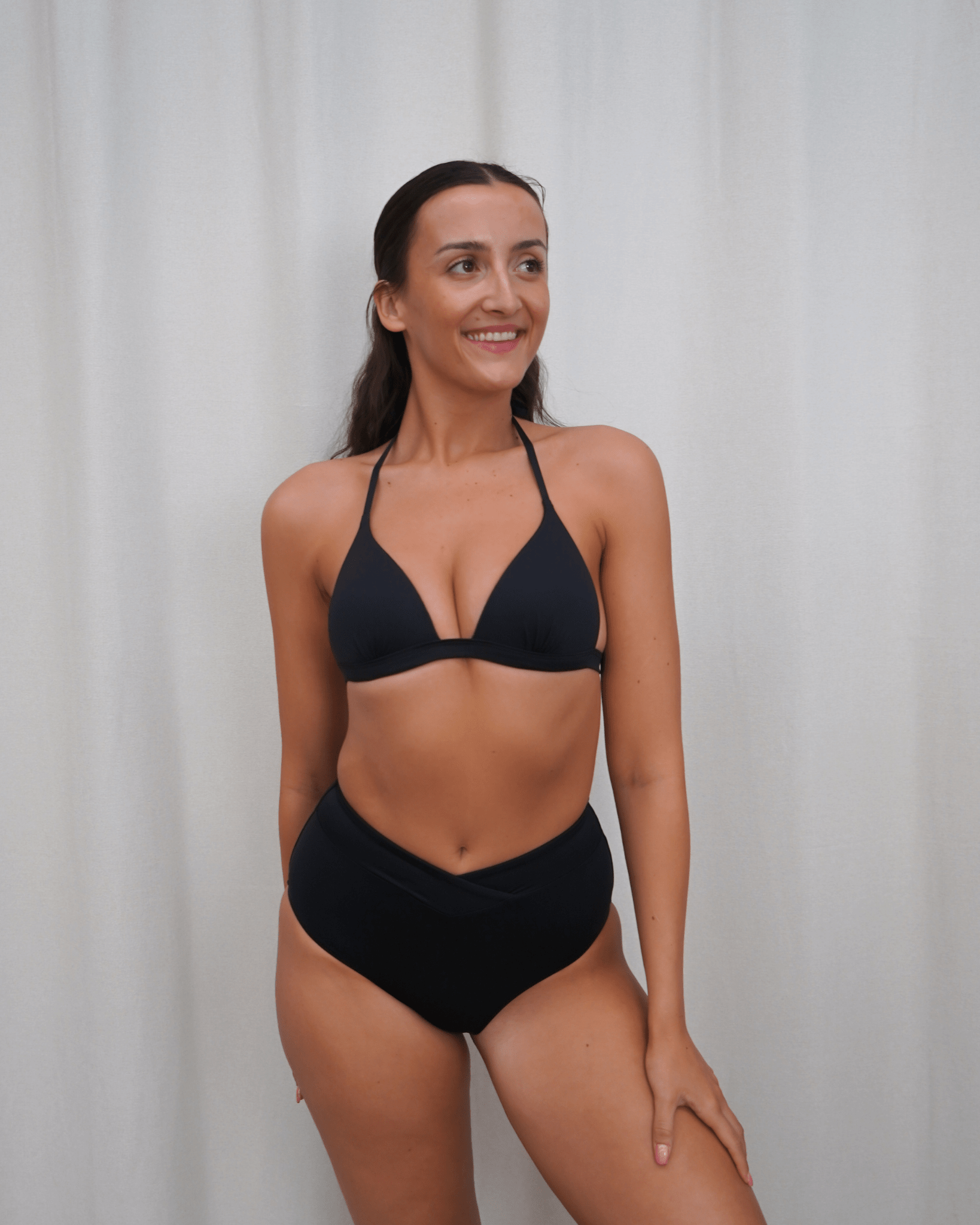 Camellia V High Waisted Bikini Bottom / Black - Flatbaby Swimwear